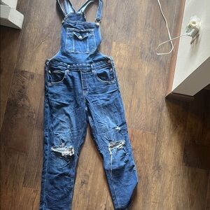 American Eagle Outfitters Women's Blue Ripped Denim Overalls